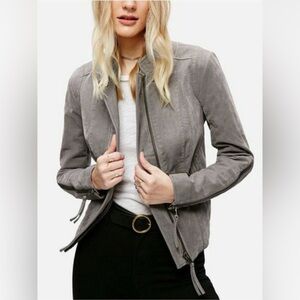 Free People Grey Moto Distressed Faux Suede Jacket
